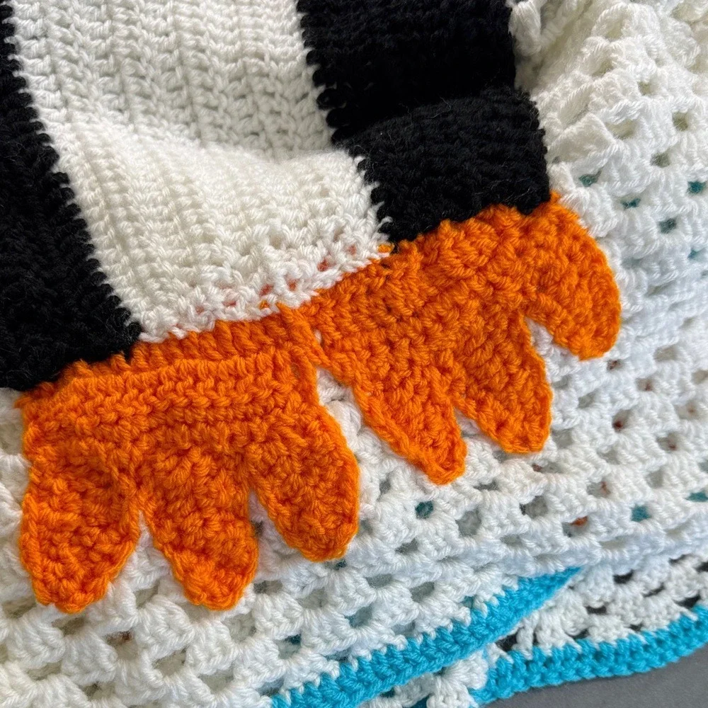 Handmade‎ Crochet Baby Blanket Penguin Bunny Reversible White Teal Granny Square